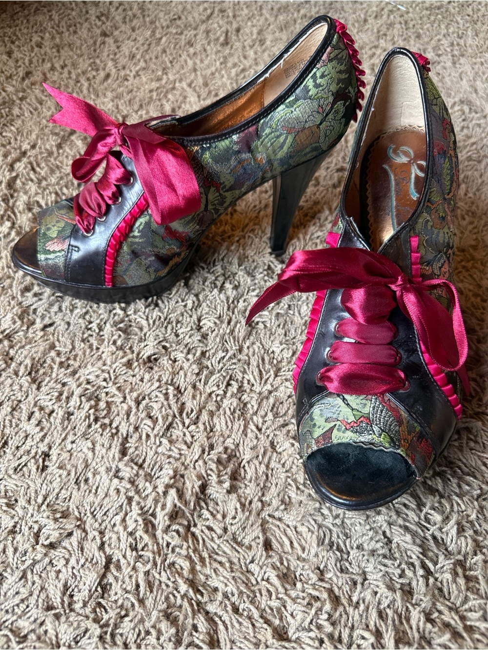Poetic License Floral Brocade Peep-Toe Heels with Fuchsia Satin Laces